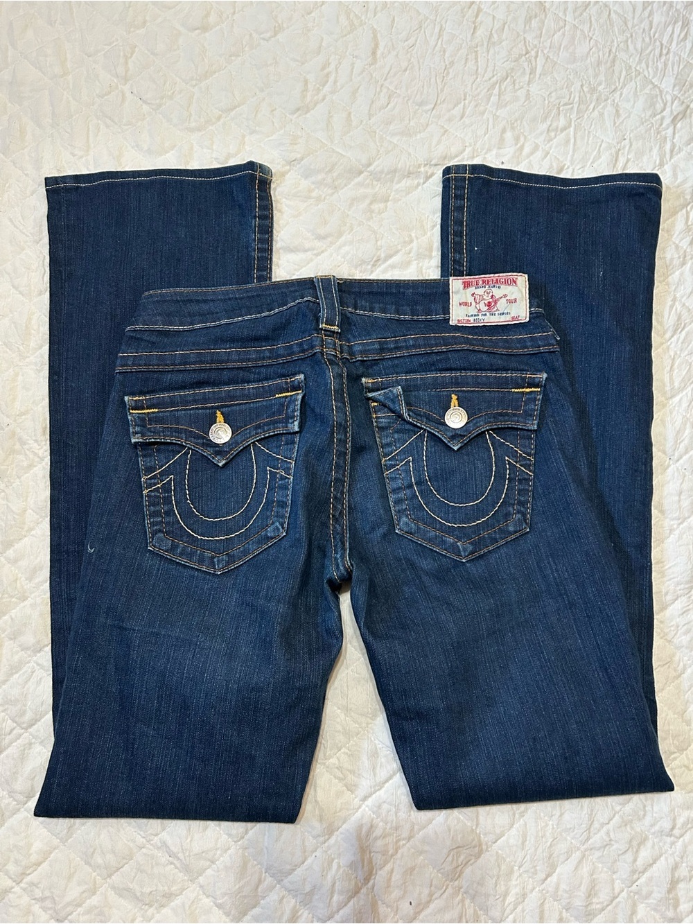 True Religion Women's Dark Blue Boot-Cut Jeans with Signature Pocket